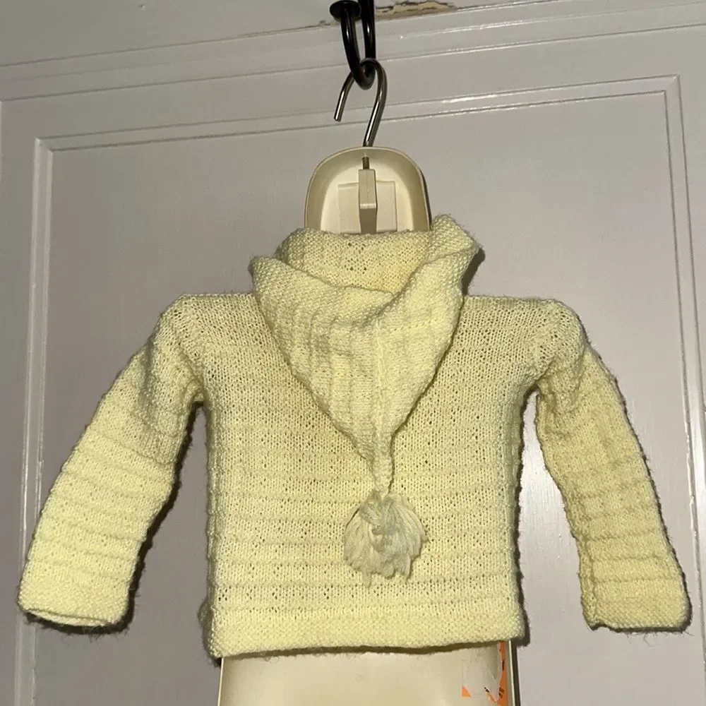 Vintage‎ yellow pom pom hooded cardigan unisex baby sweater